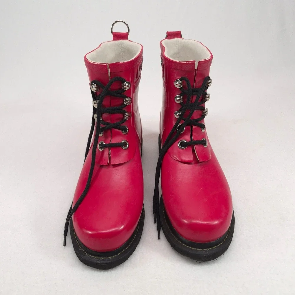 Ilse Jacobsen Rain Boots Red Sz 38 Lace Up Waterproof Fleece Lined Danish Design